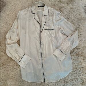 Lauren Ralph Lauren 100% silk pajama blouse top ivory with black piping women M